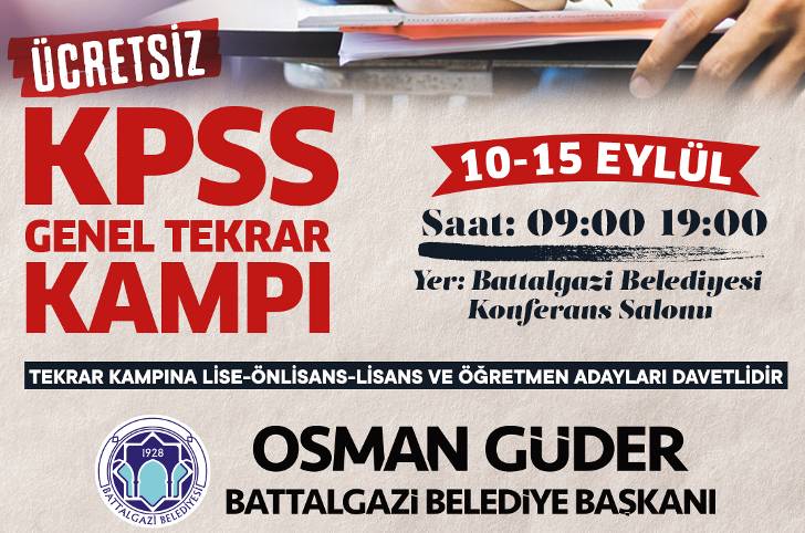 Battalgazi Belediyesi, KPSS Genel Kültür, Genel Yetenek ve Eğitim Bilimleri tekrar dersleri düzenlenecek.