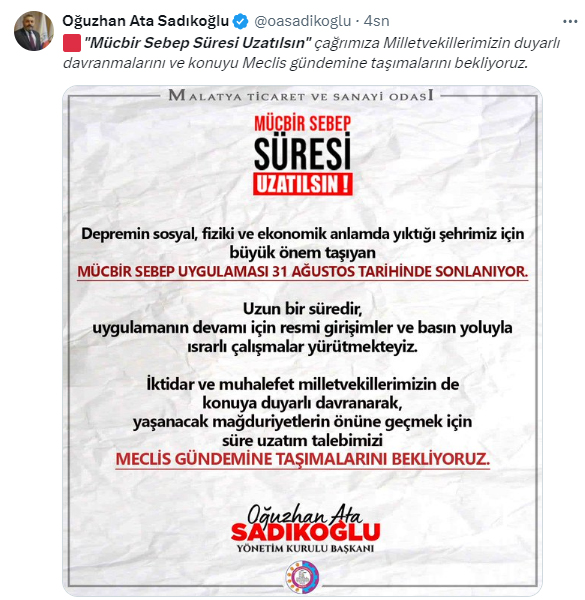 Sadıkoğlu’ndan milletvekillerine mücbir sebep çağrısı