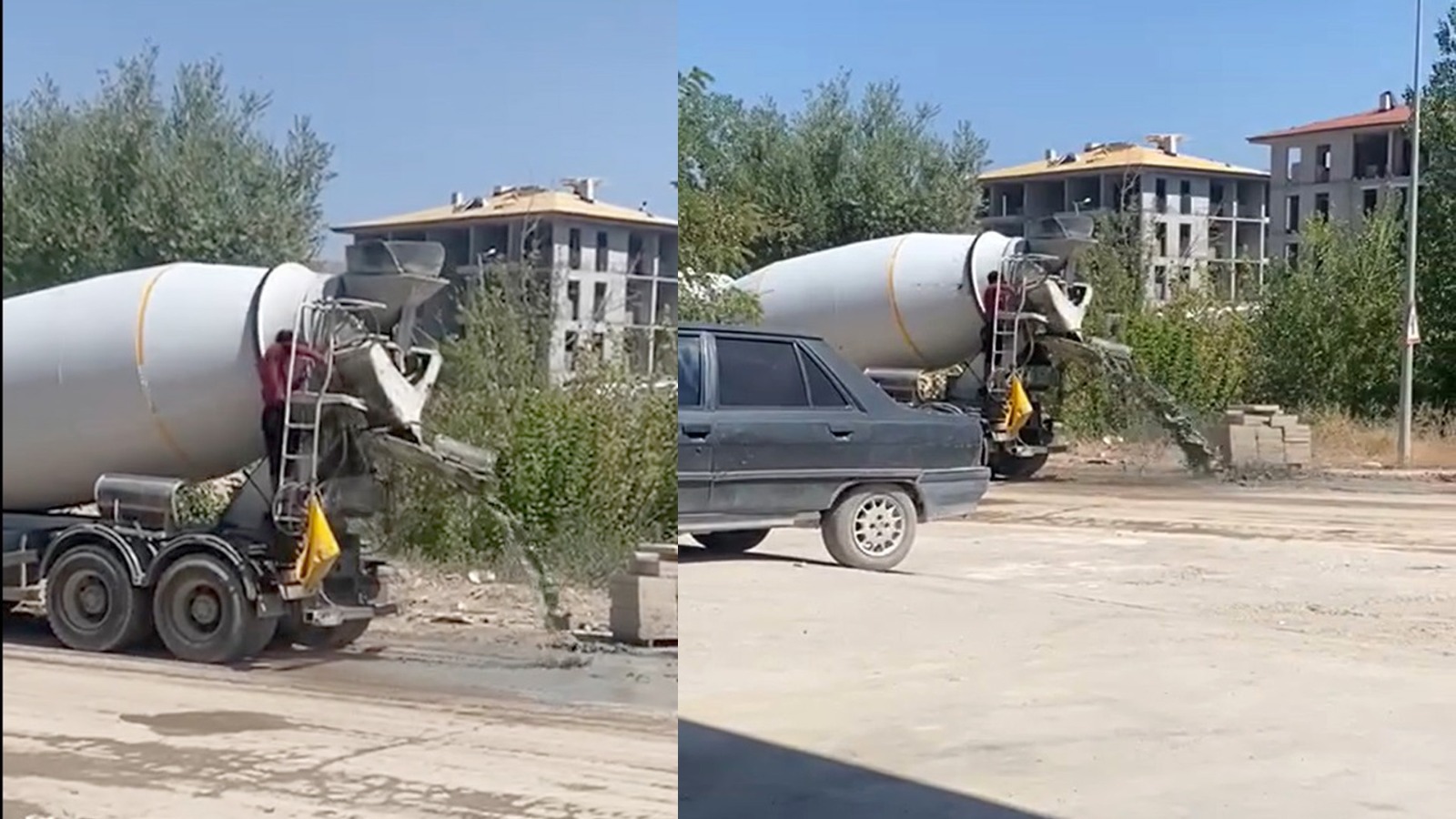 Beton mikserinin atıklarını caddeye boşaltmasına tepki